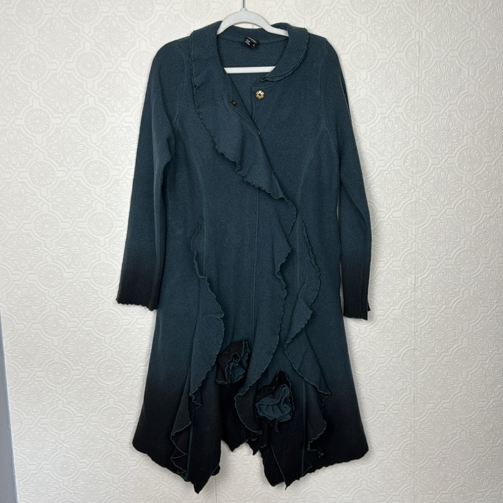CoVelo Wool Coat Teal Longline Flutter Flower Ombré Artsy Art To‎ Wear Lagenlook